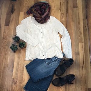Cream Lucky Brand Floral Embroidered Knit Top